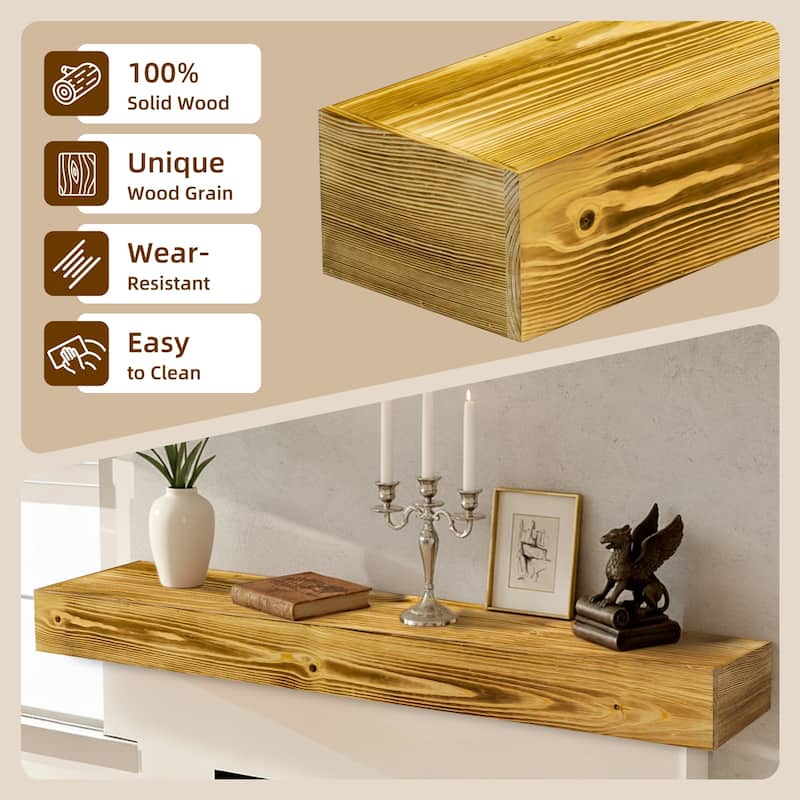 60" Fireplace Mantel, Rustic Mantle Shelf with Invisible Brackets, Handcrafted Wood Floating Fireplace Mantel, Wall Mounted