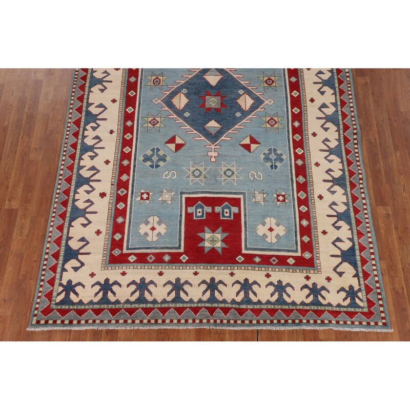 Light Blue Geometric Kazak Area Rug Living Room Handmade Wool Carpet - 6'4" x 9'10"