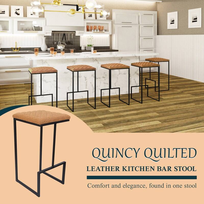 Quincy Leather Quilted Counter Height Barstool (Set of 2) with Upholstered Square Seats & Footrest for Home Bar & Kitchen