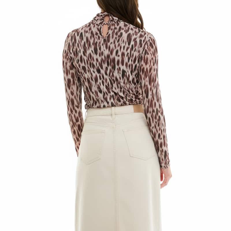 Nicole Miller Leopard Print Mesh Mock Neck Top