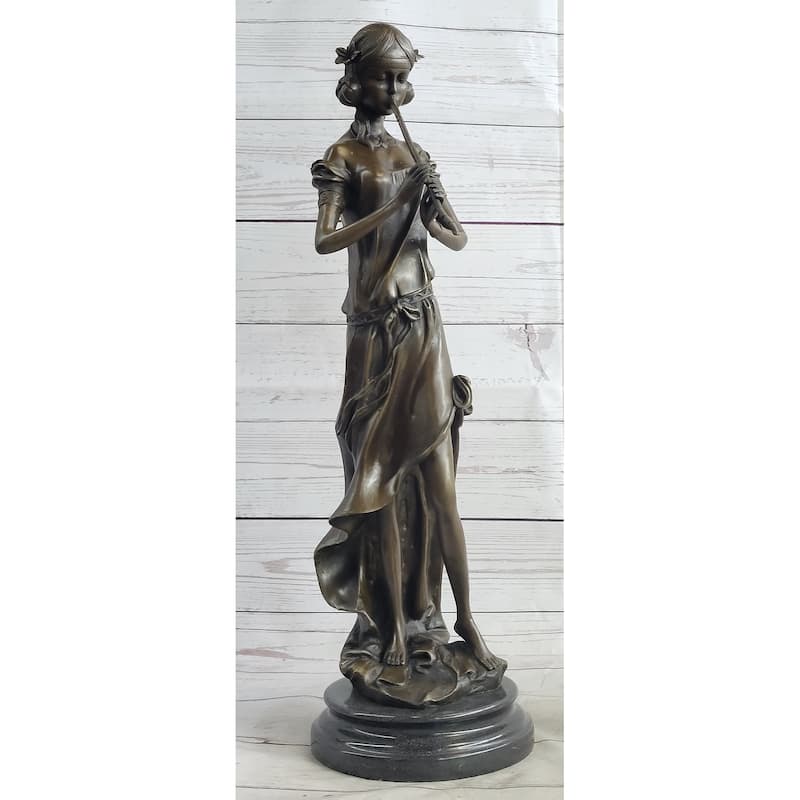 Girl Playing The Flute Female Musician Bronze Sculpture Statue Figure On Marble Base