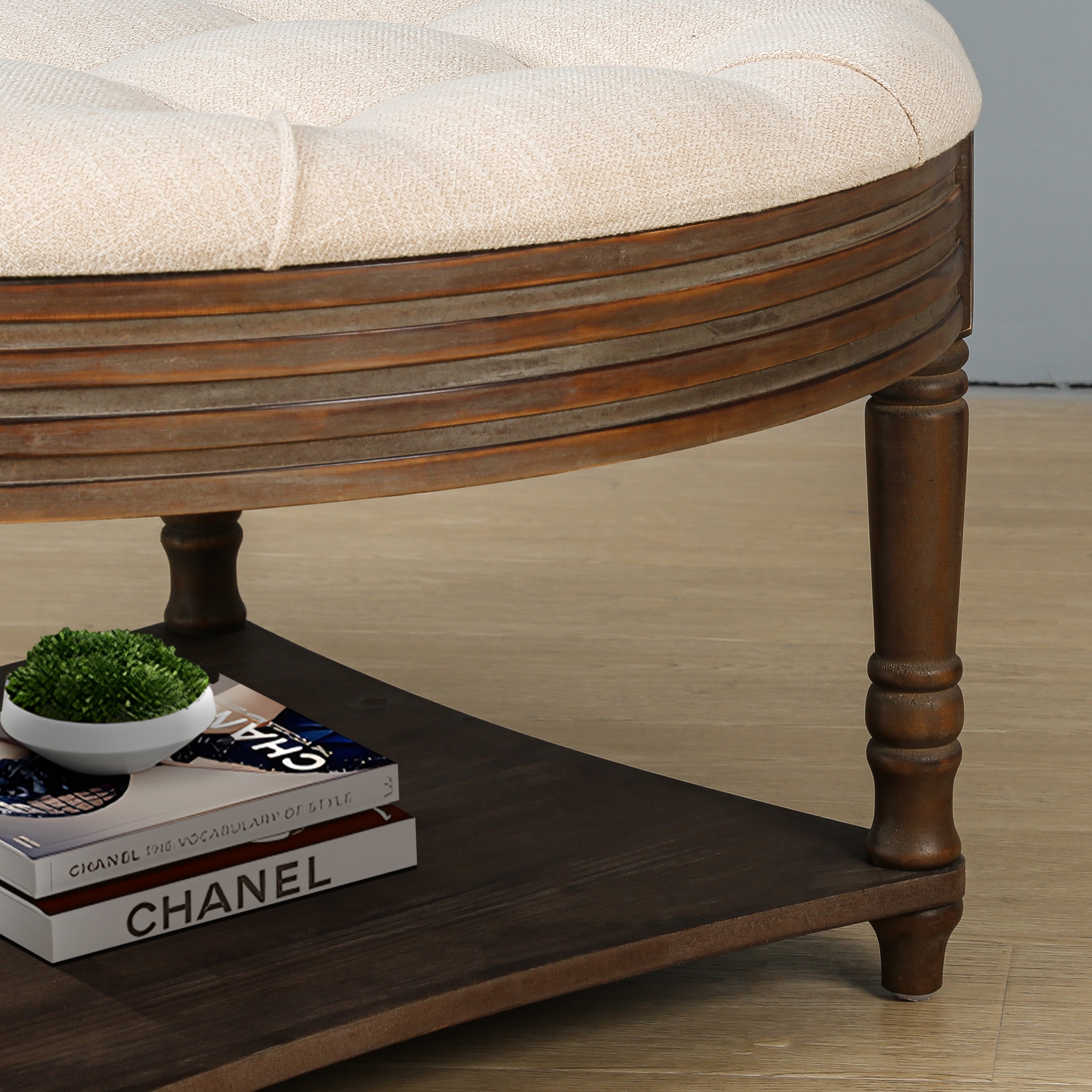 Large Round WaterProof Ottoman Coffee Table with Wooden Shelf Storage