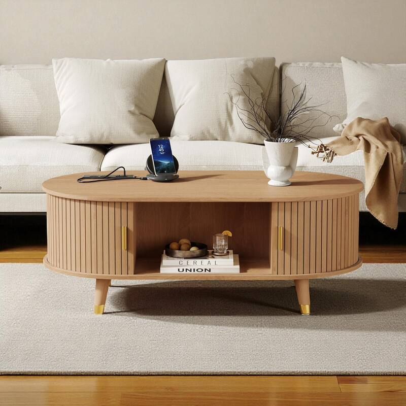 42.5'' Oval Fluted Coffee Table with Charging Station, Mid-Century Tambour Door Center Table with Solid Wood Legs
