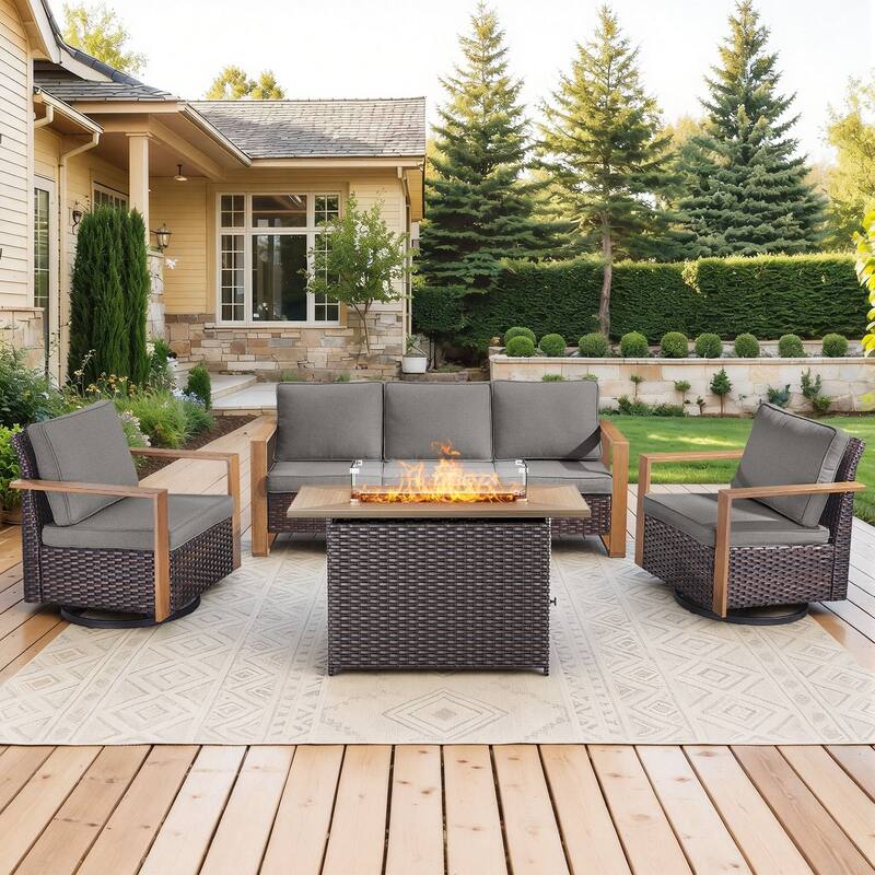 Meyreso Wicker Outdoor Patio Fire Pit Set with Swivel Gliders & 4.5" Olefin Cushions