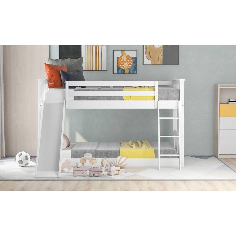 Convertible Twin Bunk Bed with Slide and Ladder, White