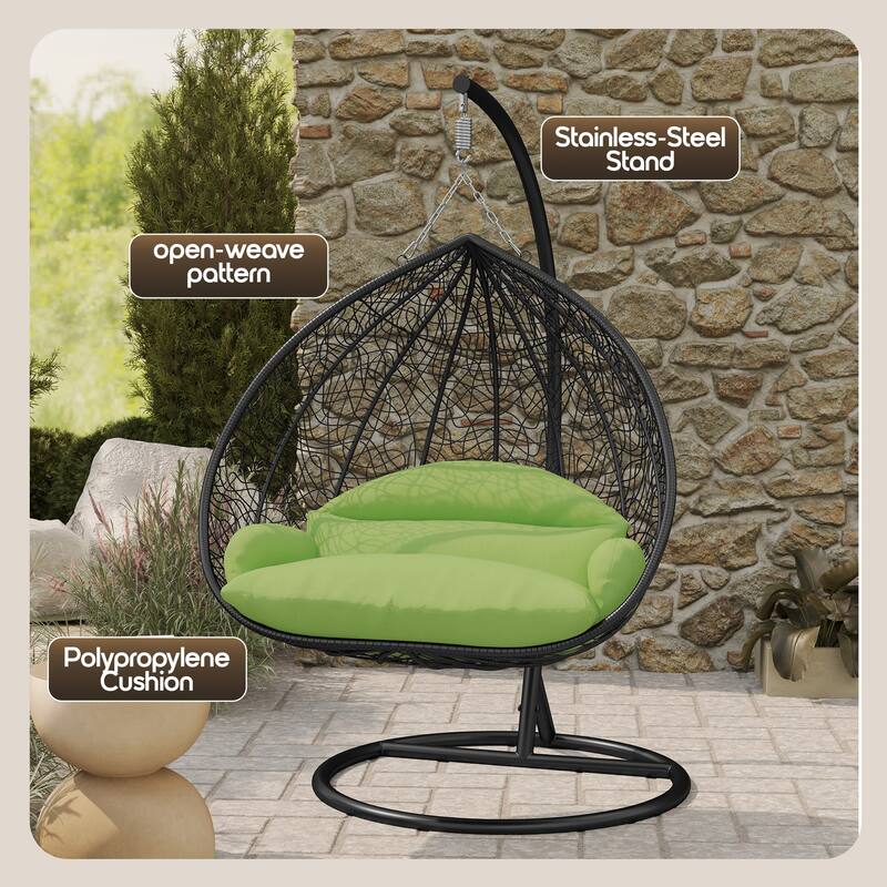 2-Person Outdoor Hanging Egg Chair with Teardrop Frame, Weather-Resistant Cotton Cushioned Seat for Patio and Indoor Use
