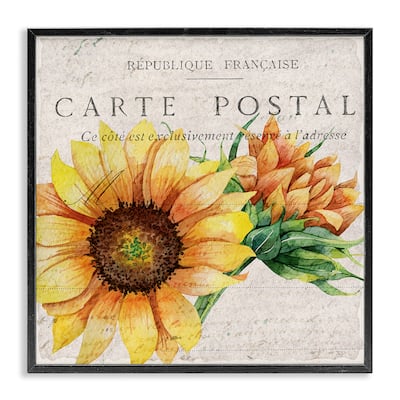 Stupell Vintage French Sunflower Postcard Floral Illustration Framed Wall Art, 12x12