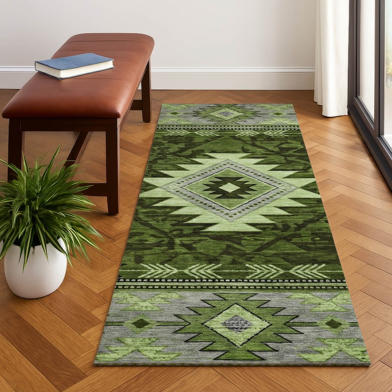 Premium Washable Super Soft Global Inspirations Mayfield Rug - Olive - 2'3" x 7'6"