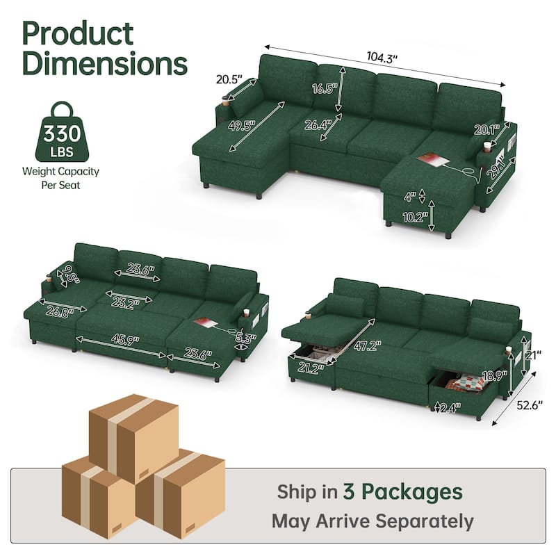 Convertible Sleeper Sofa 3-in-1 Pull Out Sectional Sofa Bed L/U-Shaped Couch with Storage Chaise