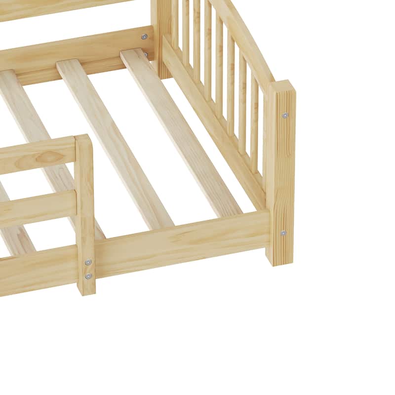 Solid Wood Floor Bed Montessori Bed with Safety Guardrails Without Door