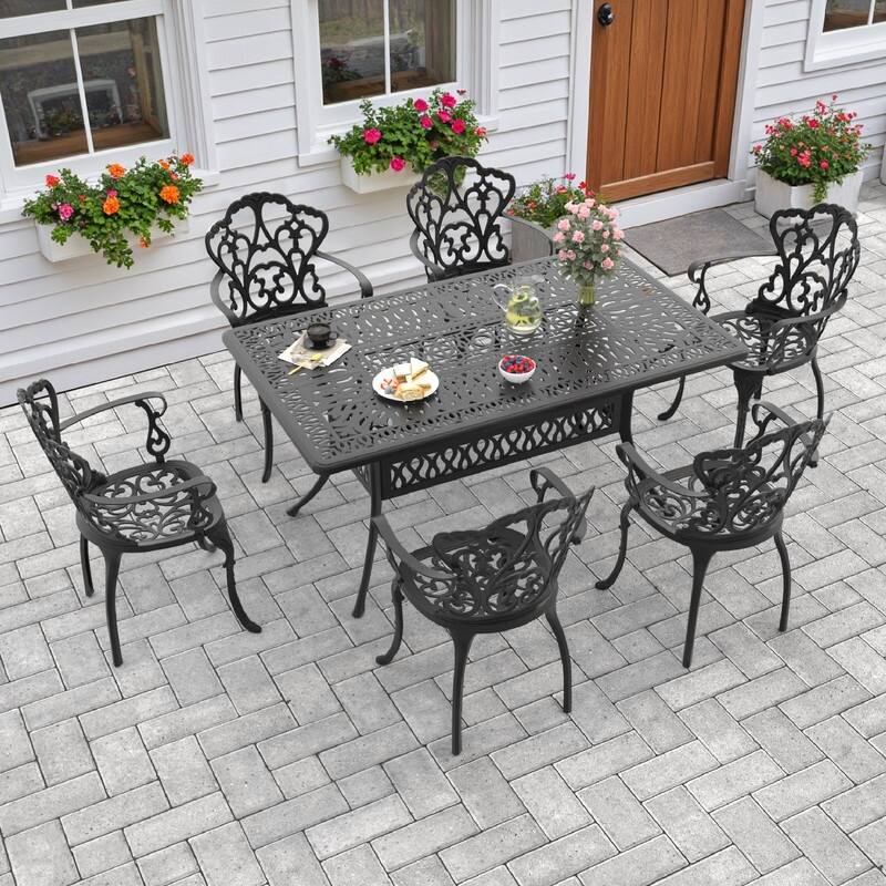 5/7-Piece Cast Aluminum Outdoor Dining Set with 58.27'' L X 34.65'' W Rectangular Table and Seat Cushions