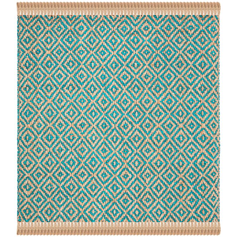 SAFAVIEH Handmade Natural Fiber Jaeda Diamond Jute Tassel Rug - 6' Square - Turquoise/Natural