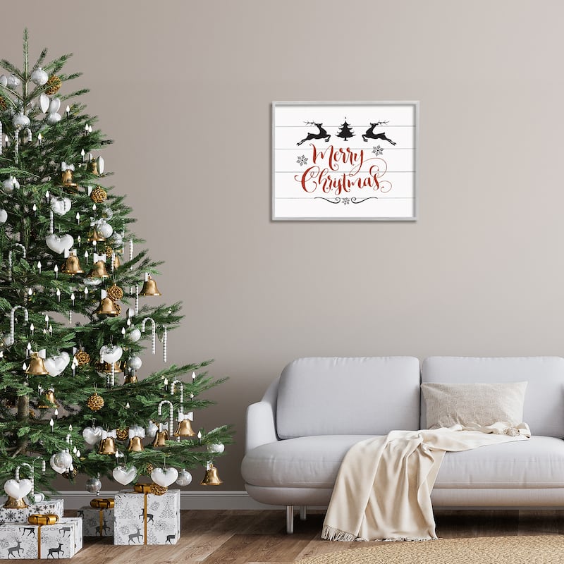 Stupell Merry Christmas Reindeer Black White and Red Framed Art, Design By Artist Lettered and Lined