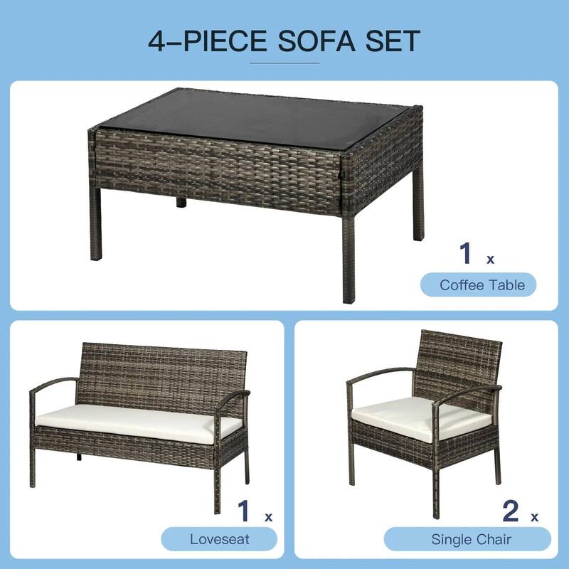 4PCS PE Rattan Conversation Set, Sofa Loveseat Table, All Weather