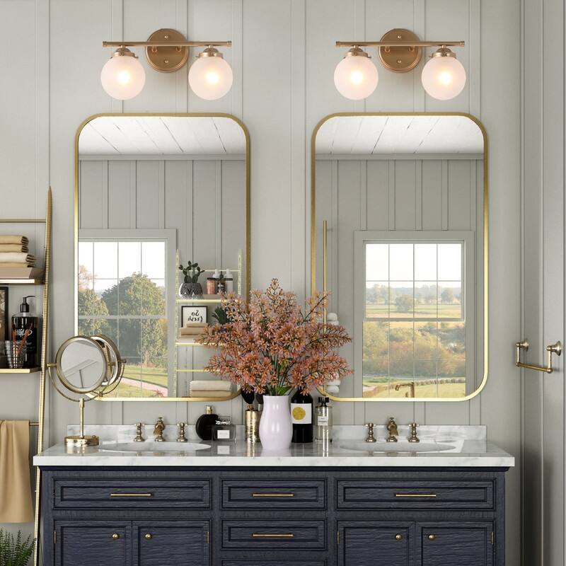 Modern Glam 2-light Bathroom Vanity Light Powder Room Wall Sconce Light with Frosted Glass Shades - L 14"x W 6.5"x H 8"