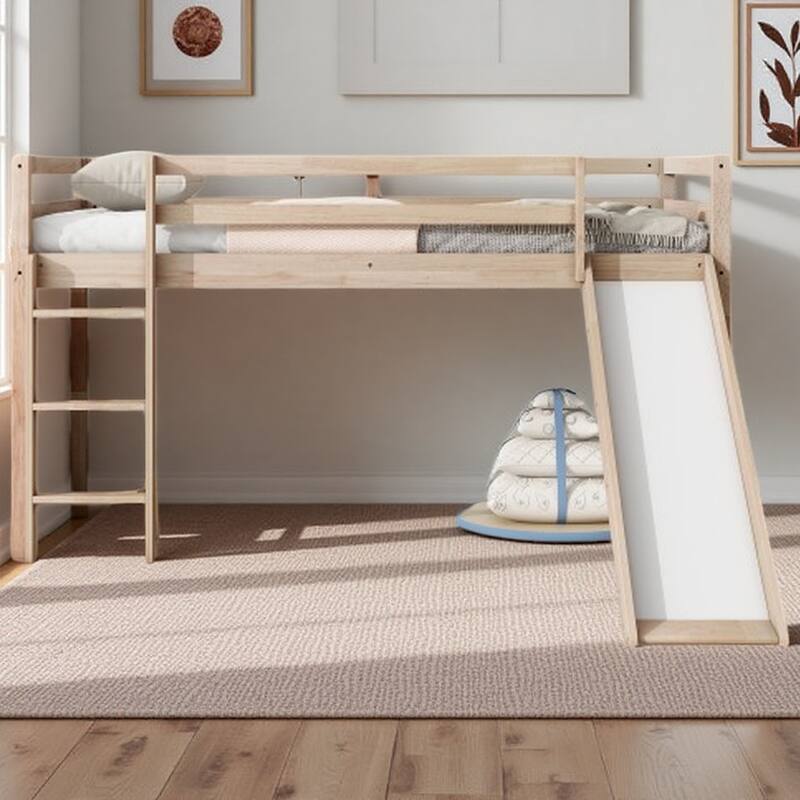 Twin Size Solid Wood Low Loft Bed with Slide, Ladder, Safety Guardrails, and Sturdy Rubberwood Frame - White Oak