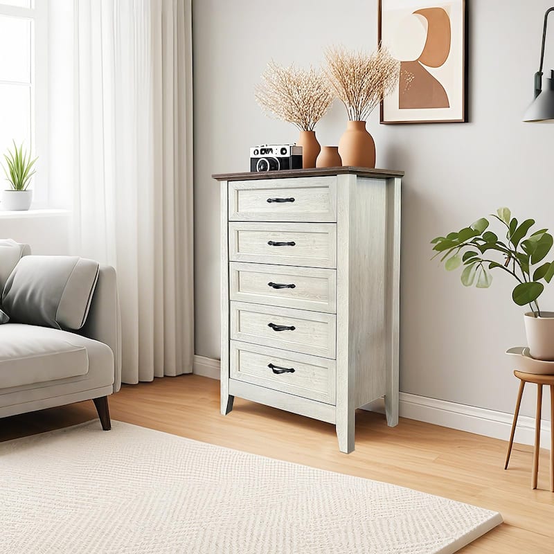 5 Drawer Vintage Wood Dresser, Tall Modern Wood Storage Chest