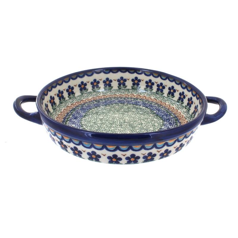 Blue Rose Polish Pottery 152 Vena Small Round Baker with Handles - Aztec Flower