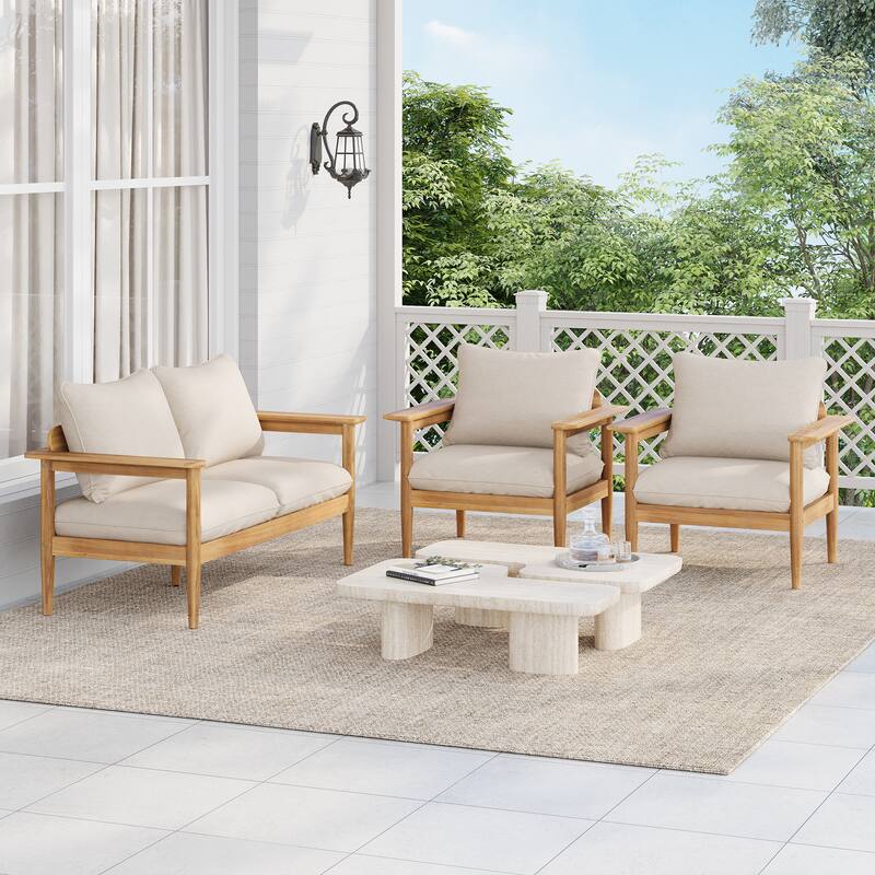 Roomfitters Terassi Outdoor Chat Set 3 Piece Solid Acacia Wood Wide Armrest Seating, Light Teak Beige