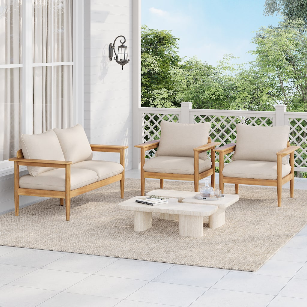 Roomfitters Terassi Outdoor Chat Set 3 Piece Solid Acacia Wood Wide Armrest Seating, Light Teak Beige