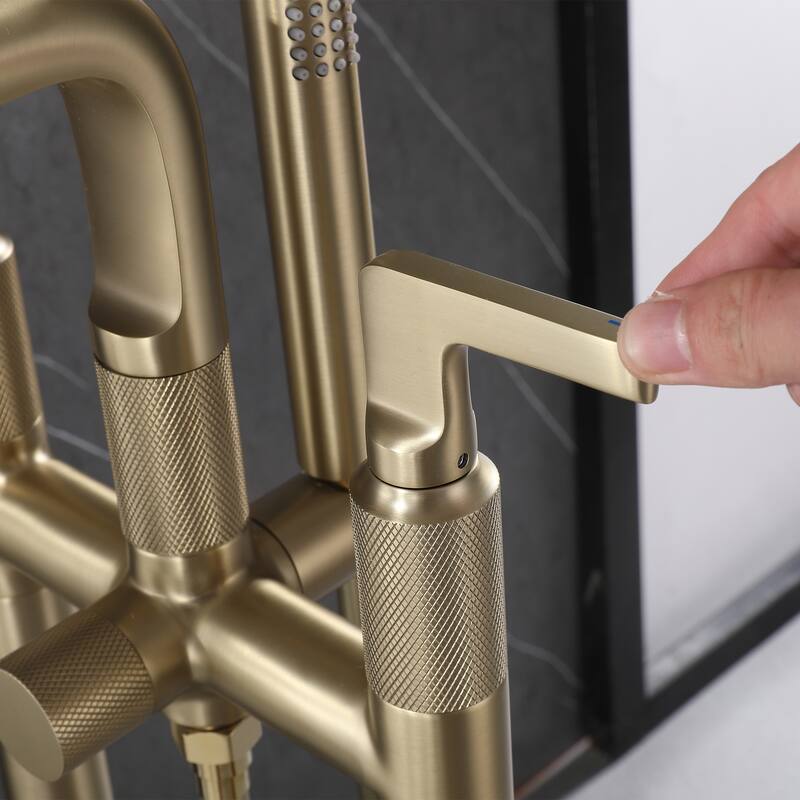 33" H Solid Brass Floor Mounted Freestanding Tub Faucet with Hand Shower and Diverter