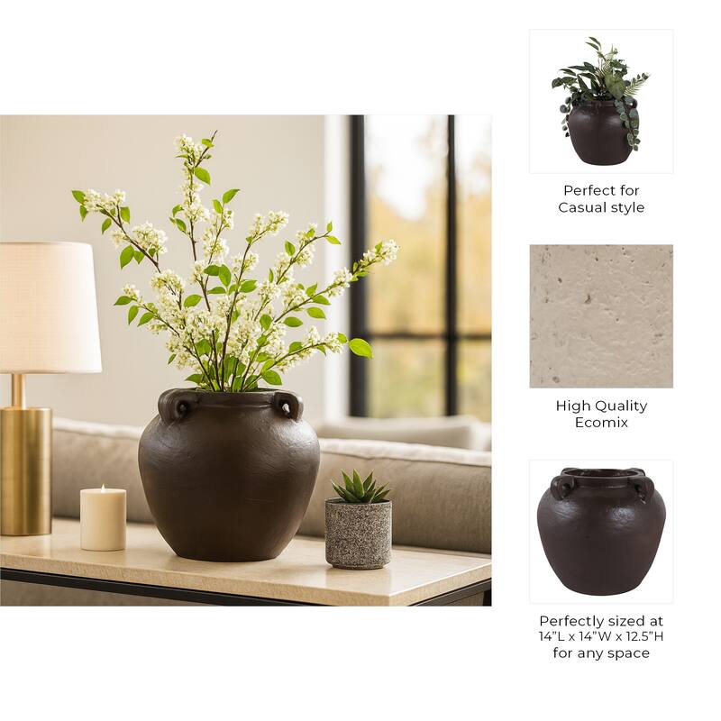 Rustic Heritage Table Vase with Textured Finish and Handles - Brown