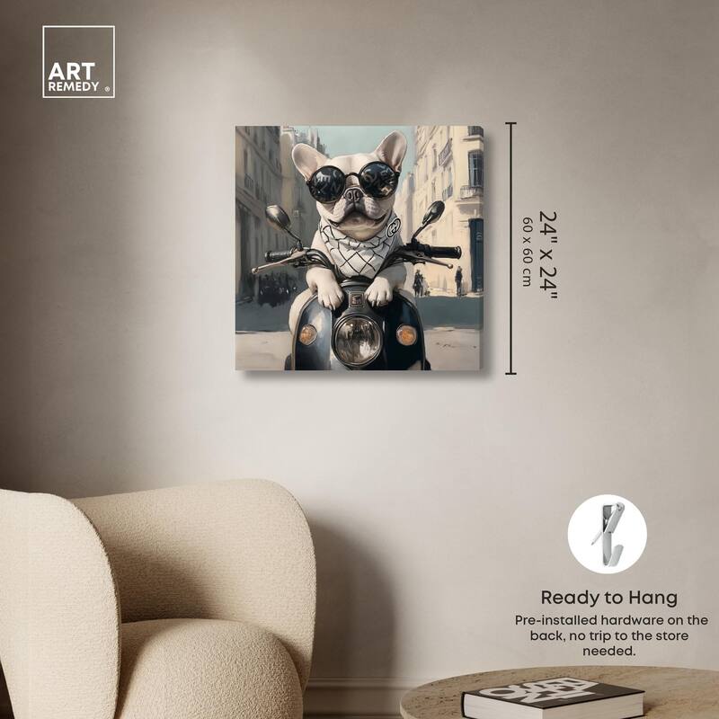 Frenchie on a Scooter Drive Canvas by Art Remedy, Gallery Wrapped