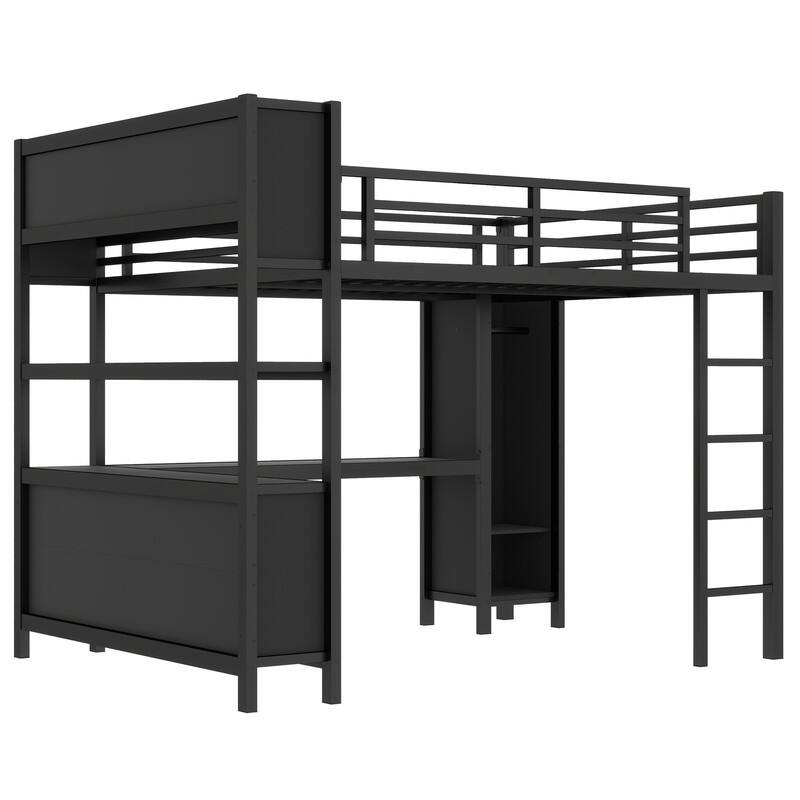 Queen Size Heavy Duty Metal Loft Bed with Wardrobe & L-shaped Desk, Multi-functional Storage Bed Frame with Cubes & Shelves