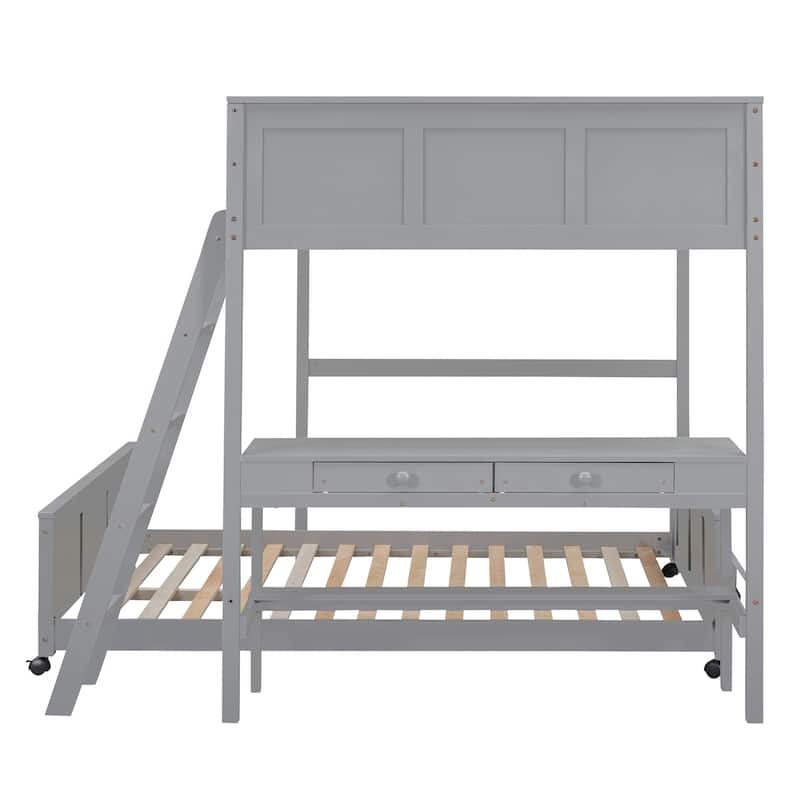 Full Over Full Bunk Bed, Platform Bed with Wheels, Loft Bed with Built-in Desk, Drawers, Ladder and Guardrail for Kids, Teen