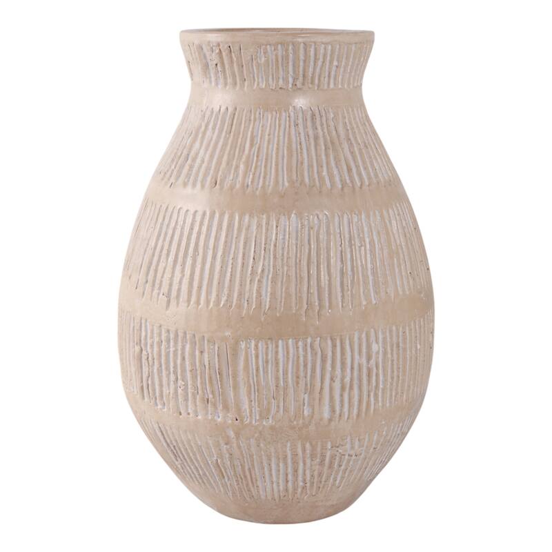 Ceramic Modern Round Flower Vase with Lines - Ivory