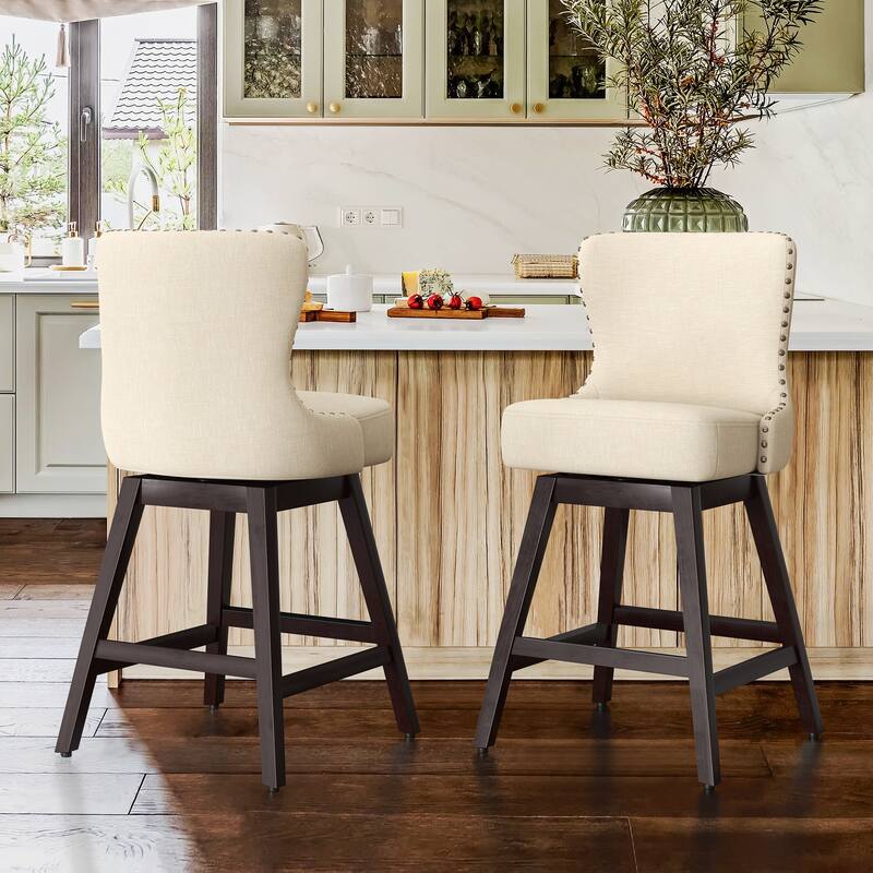 26 in. H Counter Height Barstools Modern Upholstered 360 Free Swivel Counter Stools with Footrest - Set of 2 - Beige