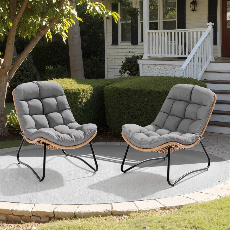 All-Weather Papasan PE Rattan Chair Single Loveseat Sets with Cushion For Indoor Outdoor - 2PC-SinglePapasanChairs - DarkGrey - DarkGrey