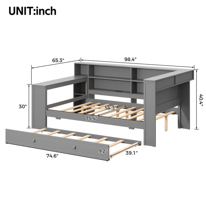 Roomfitters Twin/Full Platform Bed with Trundle, LED Headboard, Charging Station and Storage