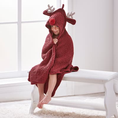 Reindeer Hooded Waffle Towel for Babies Christmas Cotton Machine Washable 31.5 x 31.5 Inches Mahogany