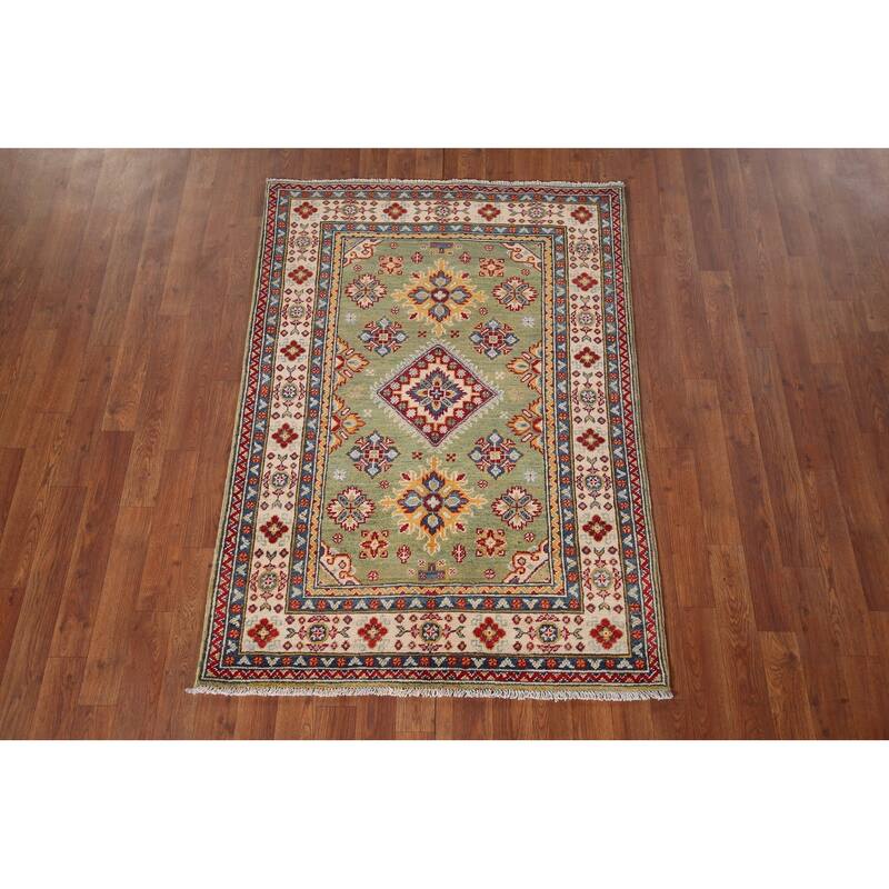 Light Green Kazak Accent Rug Handmade Wool Carpet - 3'4" x 4'9"