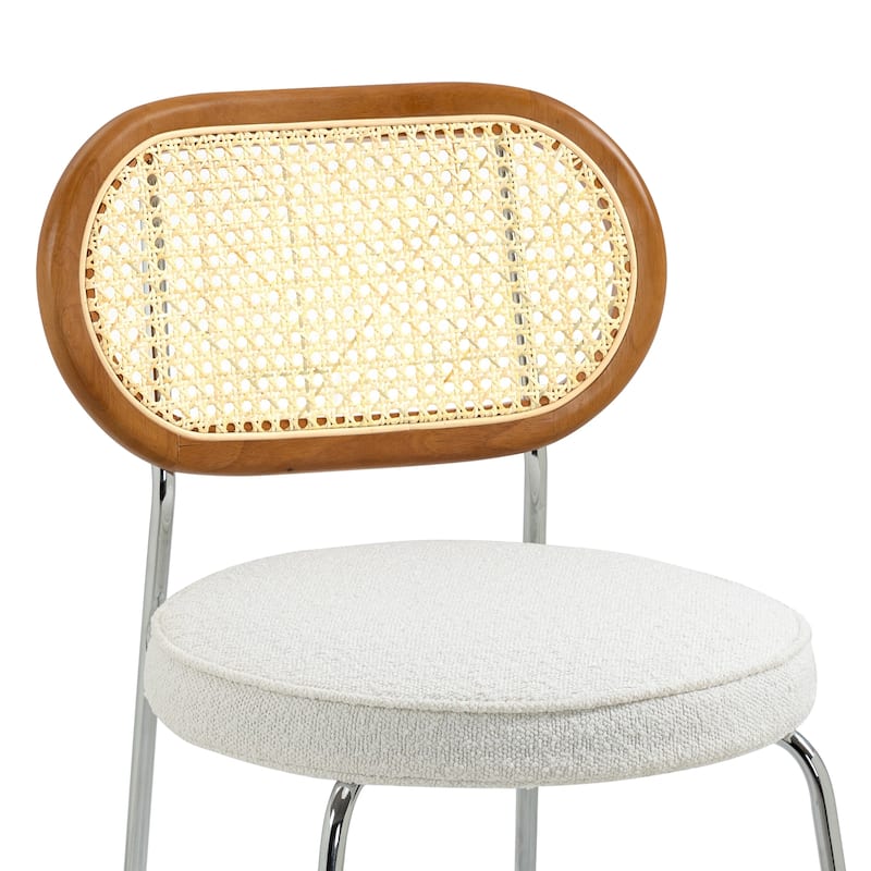 Set of 2 Azem White Boucle Dining Chair with Rattan Backrest and Chrome Legs