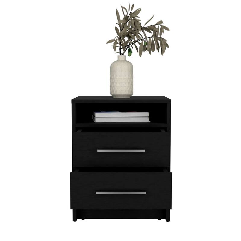 Two-Drawer Nightstand with Open Shelf, Black Wengue Finish, Metallic Handles