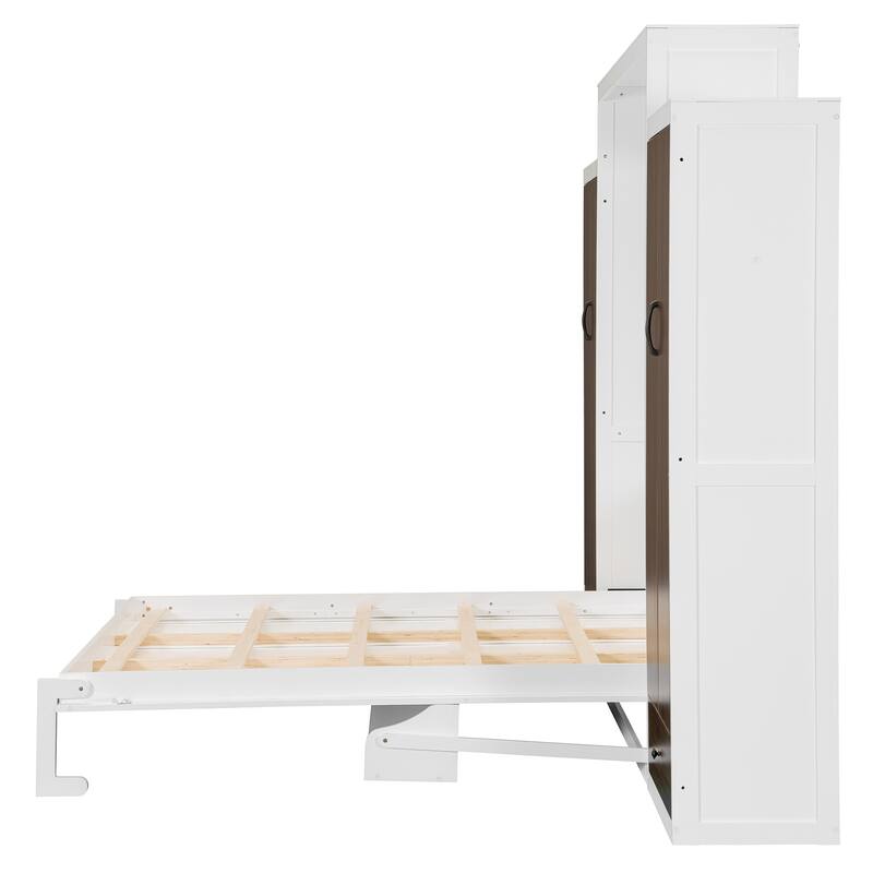 Queen Size Wall Bed with Built-in Closet, Drop-Down Table & Storage Drawers, Space-Saving Folding Design with LED Light