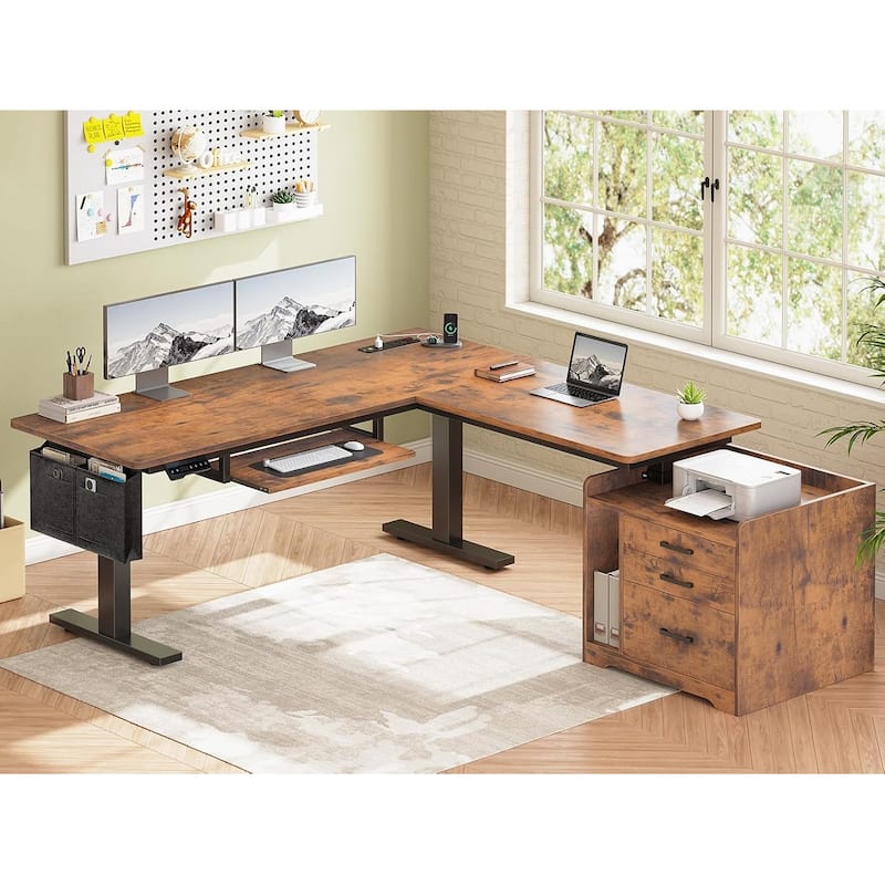 L Shaped Electric Standing Desk with File Cabinet Height Adjustable 63 x 53'' - Brown