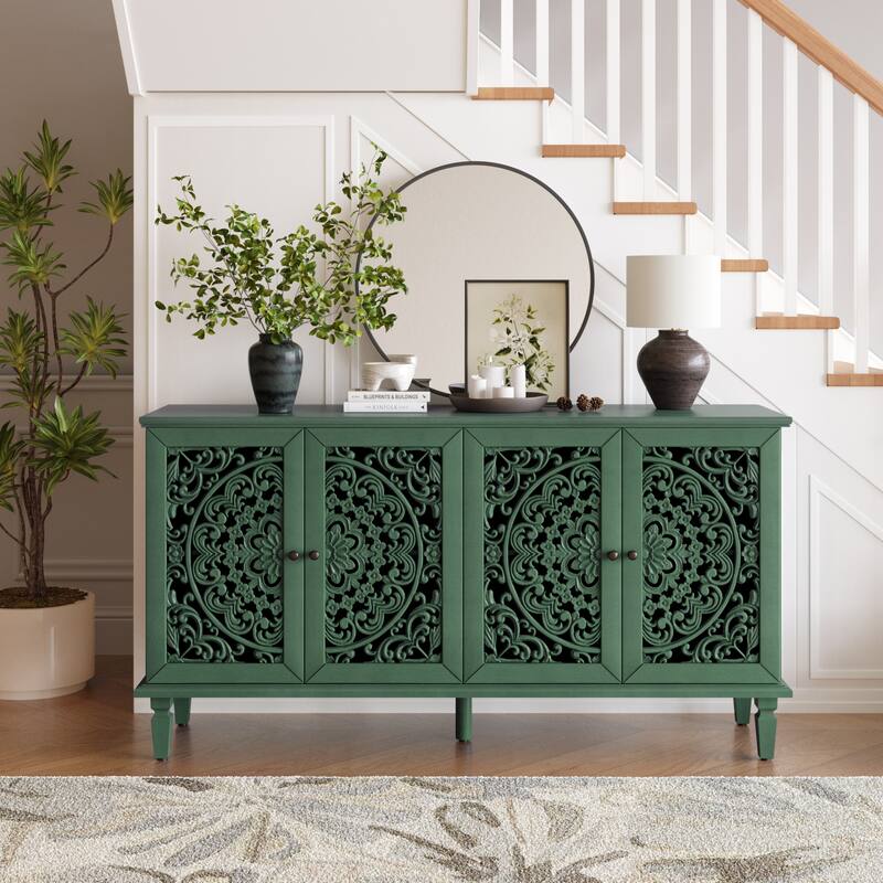 Antique Buffet Cabinet, 60" Accent Storage Cabinet Entryway Console with Floral Carvings, Wood Legs, Adjustable Shelves聽