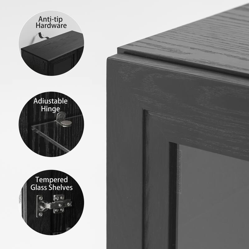 Wood Bookshelf Storage Cabinet with 2 Glass Door and Adjustable Shelf for Kitchen Bedroom Entryway Living Room Dinning Room