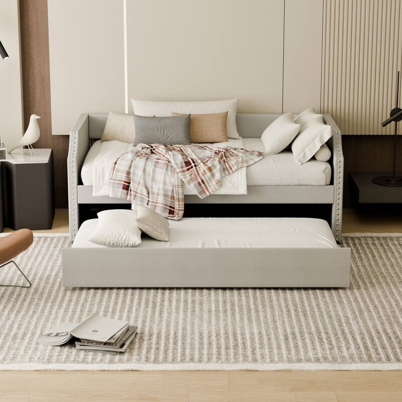 Modern Twin Size Upholstered Daybed with Trundle, Light Gray Fabric Sofa Bed with Plywood Slats and Nailhead Trim