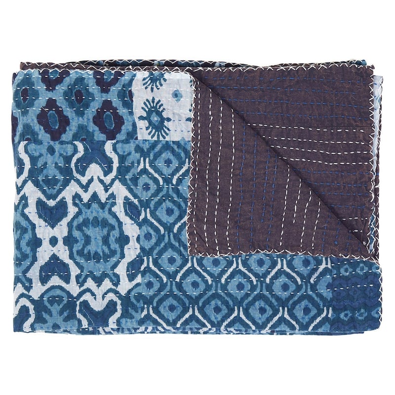 HomeRoots 50" X 70" Black And Blue Ikat Cotton Quilted Kantha Throw Blanket with Embroidery