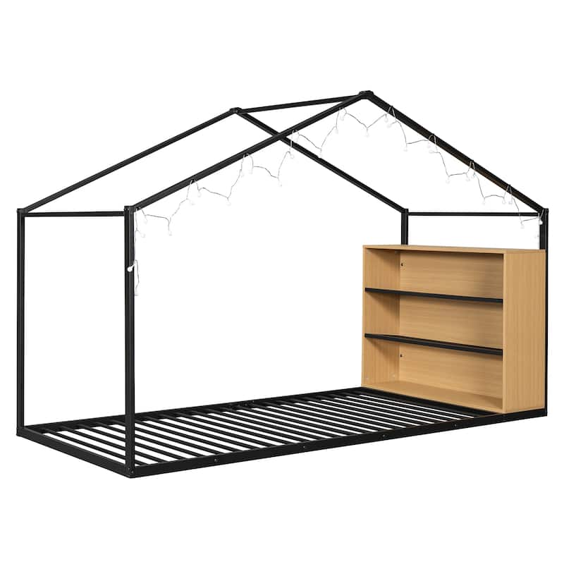 Twin Size Metal Wood House Bed Frame with Shelves and Lights for Kids, Boys and Girls