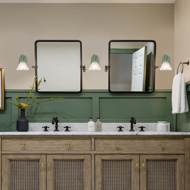 Green Metal Flower Frosted Glass Wall Sconce for Bathroom Vanity