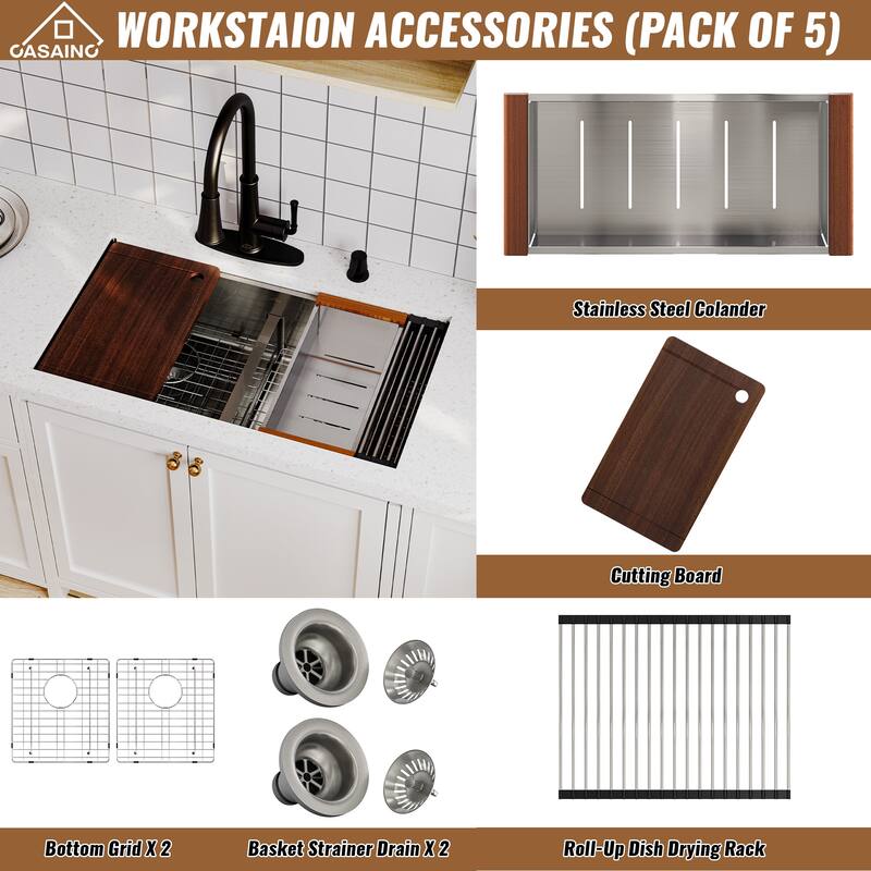 Stainless Steel Sink 33 in. 16-Gauge Double Bowl Undermount Workstation Kitchen Sink in Brushed with Accessories - 33" x 19"