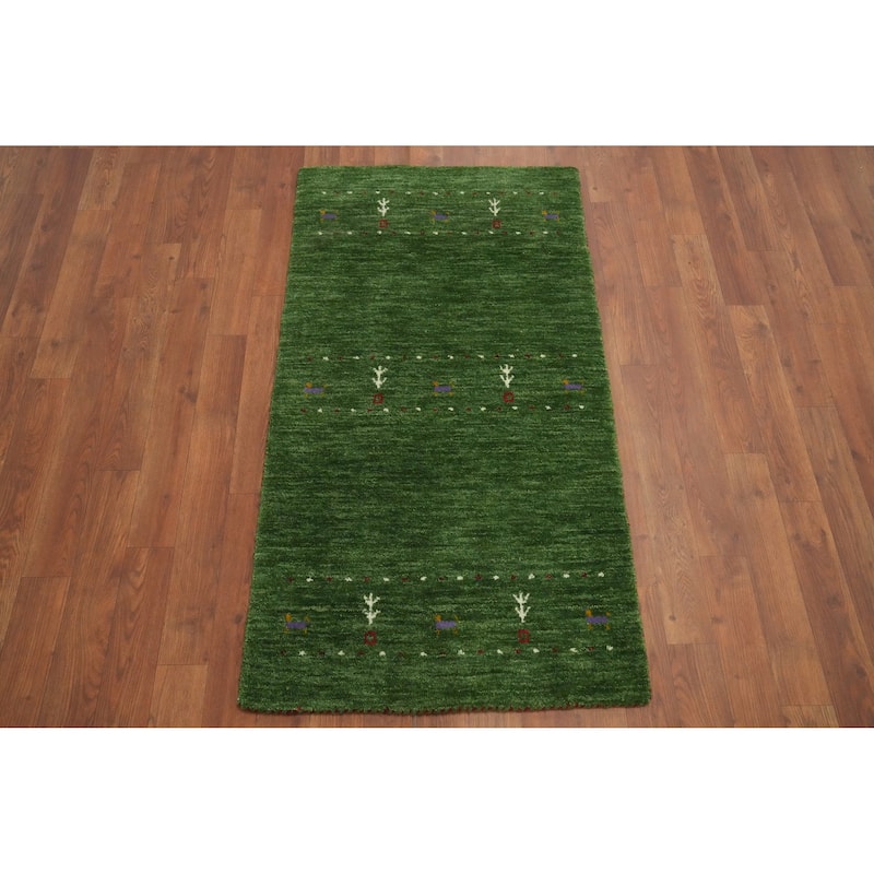 Hand Knotted Oriental 100% Wool Carpet Tribal Animal Pictorial Green Gabbeh Area Rug - 4' 0'' X 2' 2''
