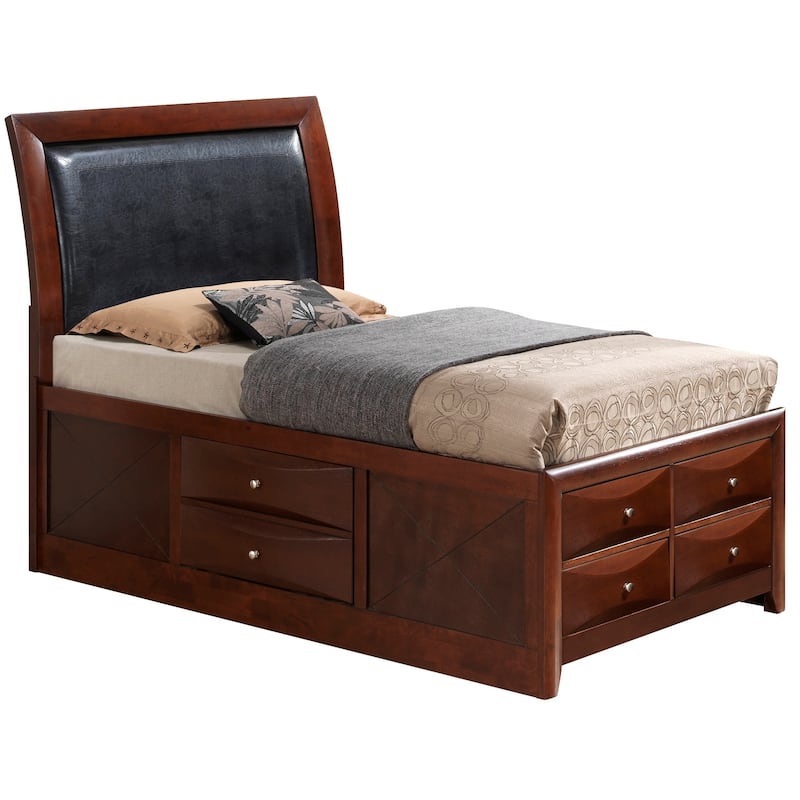 Wooden Panel Twin Bed with Drawers - 87" - Cherry Brown