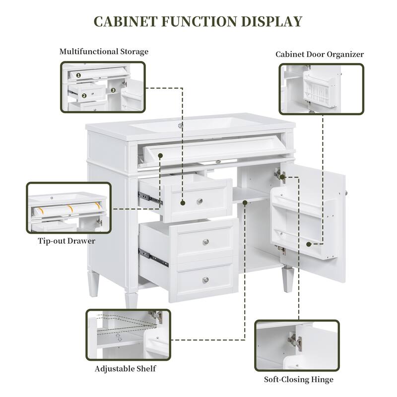 30''/36'' Bathroom Vanity with Top Sink, Modern Bathroom Storage Cabinet with 2 Drawers, a Tip-out Drawer & Adjustable Shelf