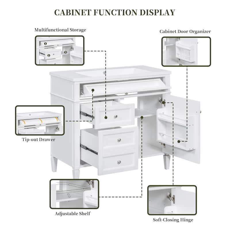 36" Bathroom Vanity with Top-Mount Sink - Modern Cabinet with 2 Drawers + Tip-Out Tray - Complete Single Sink Vanity Set